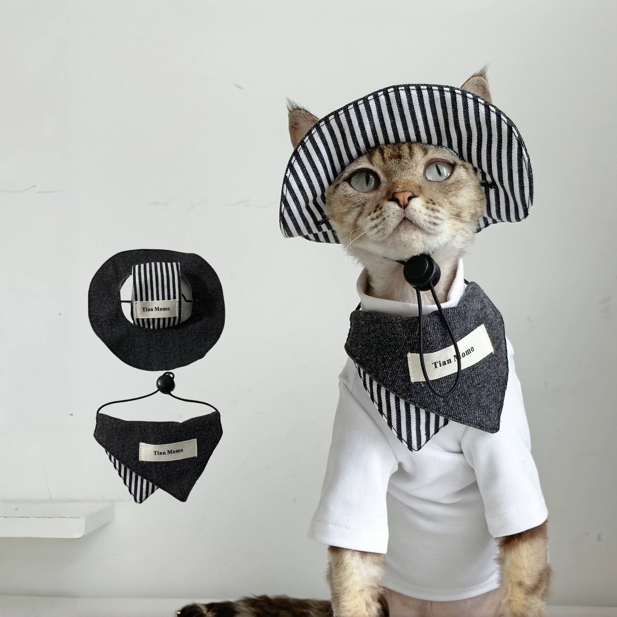 Cat Sun Hat & Bandana Set – Striped Fashion Outfit