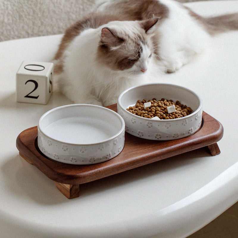 Vintage Ceramic Embossed Cat Bowl Set