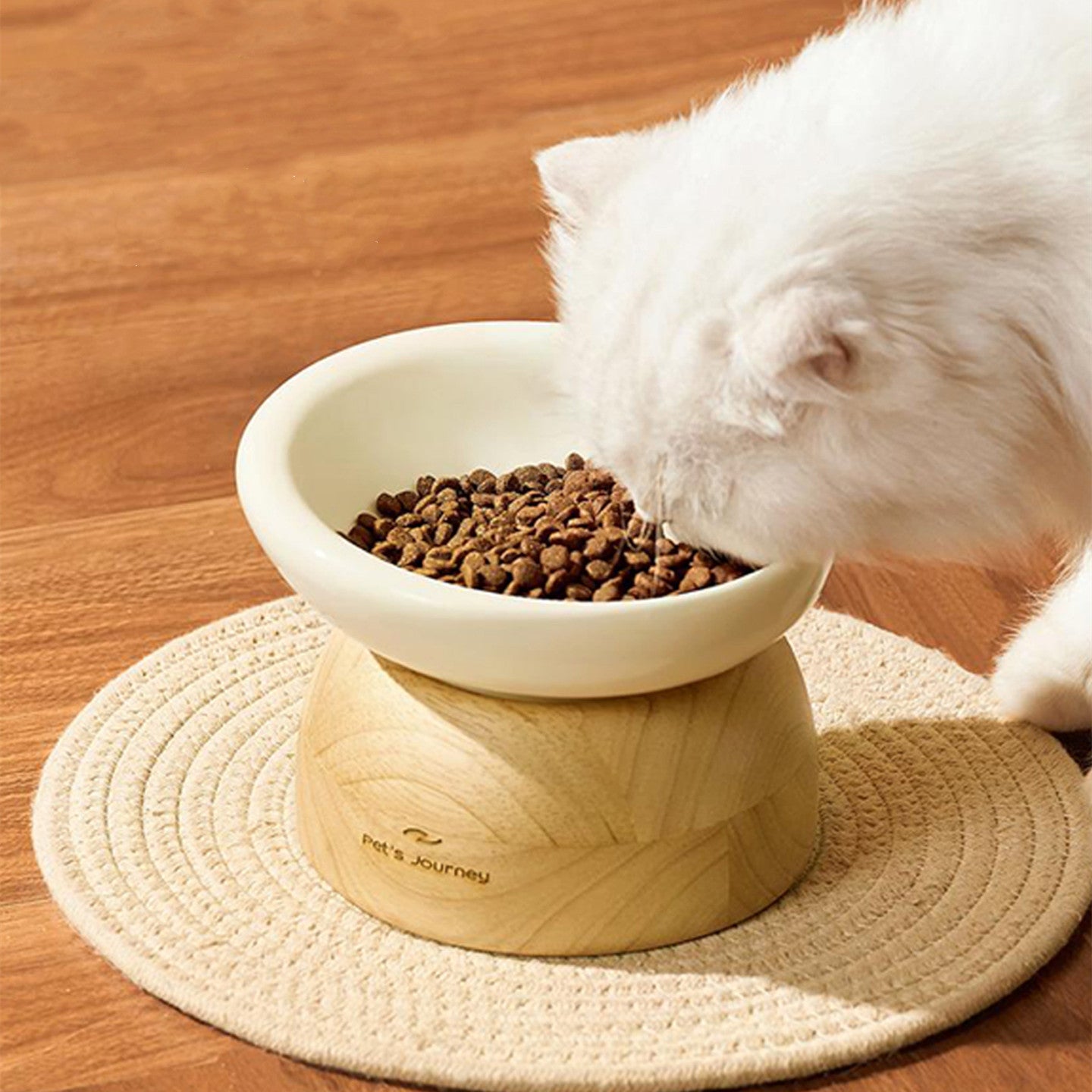 Ceramic Cat Bowl with Solid Wood Stand by Bigeeo