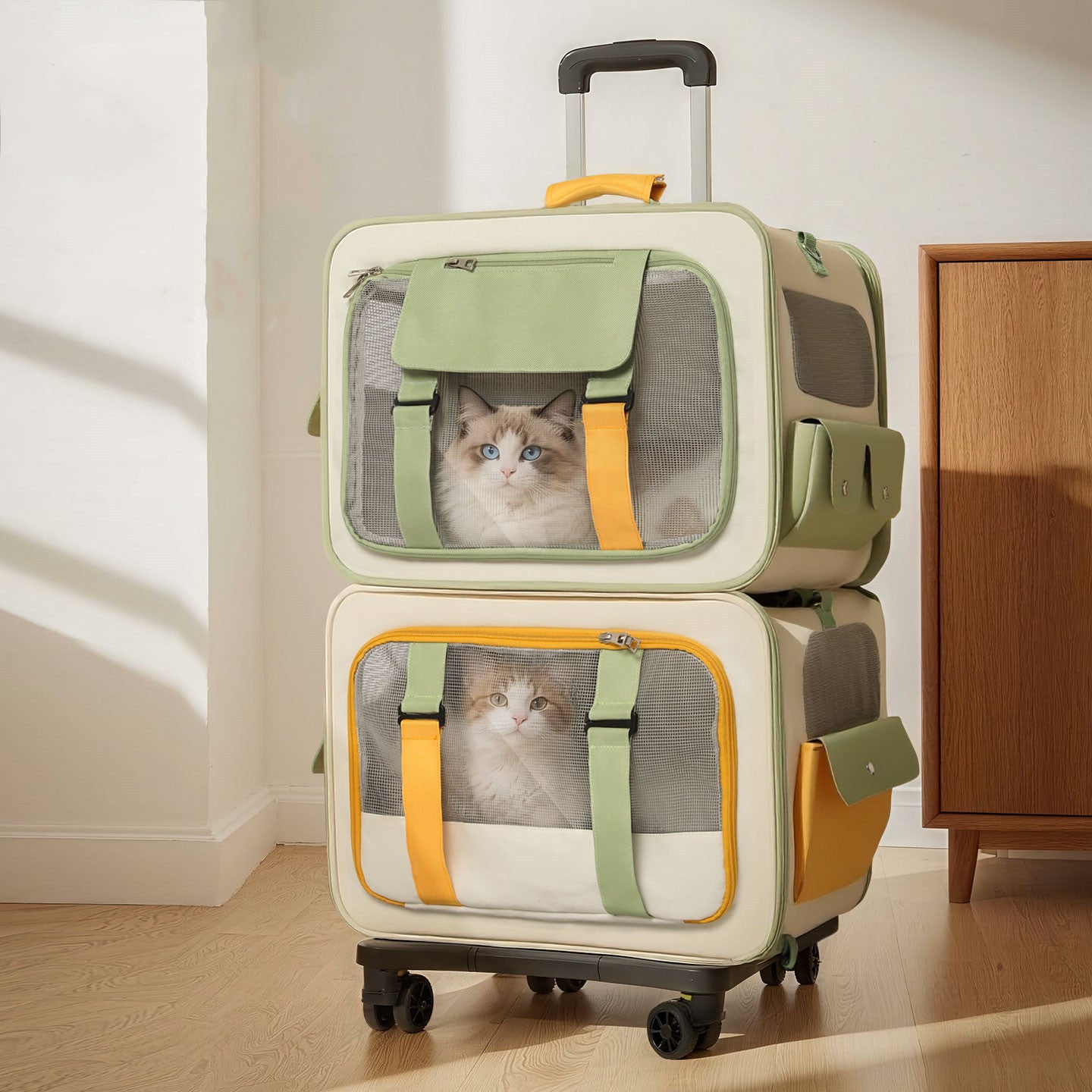 Dual-Layer Pet Trolley Carrier for Two Cats