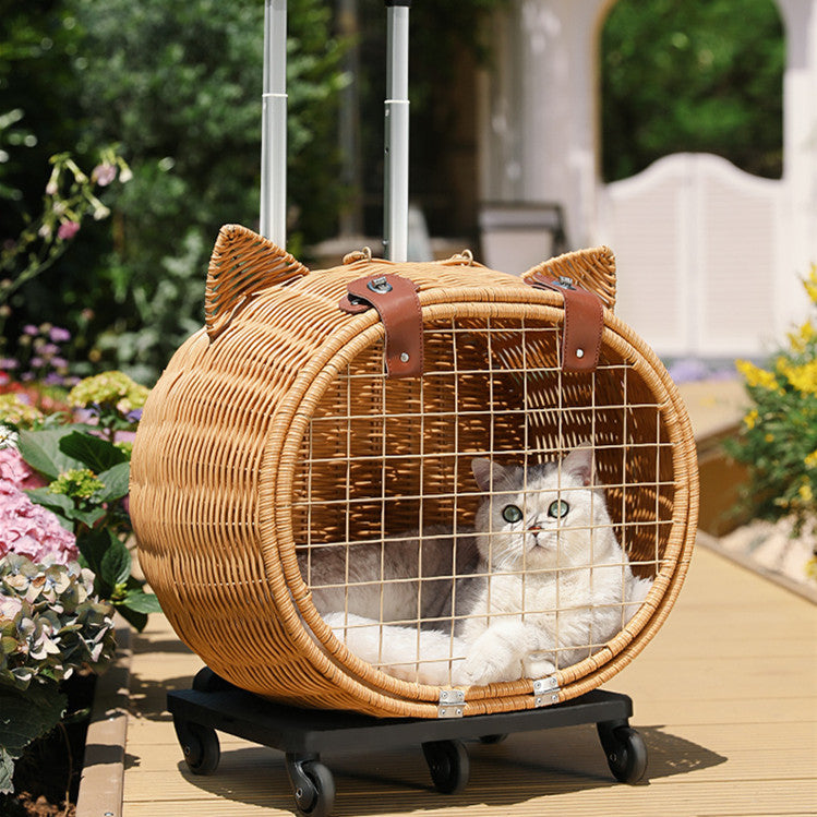 Handmade Wicker Rolling Pet Carrier