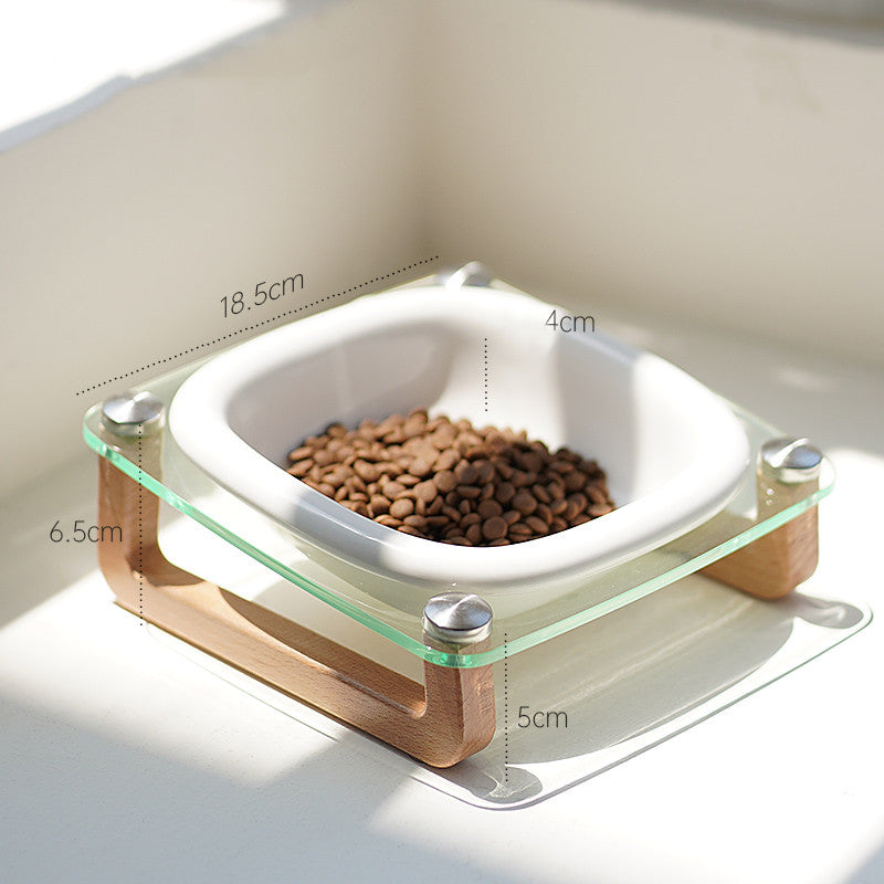 Tilted Ceramic Cat Bowl with Wooden & Glass Stand