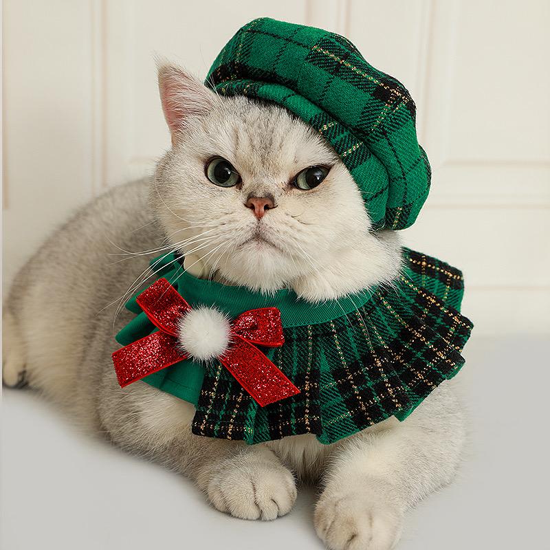 Christmas Cat Outfit – Green Plaid Dress & Hat Set