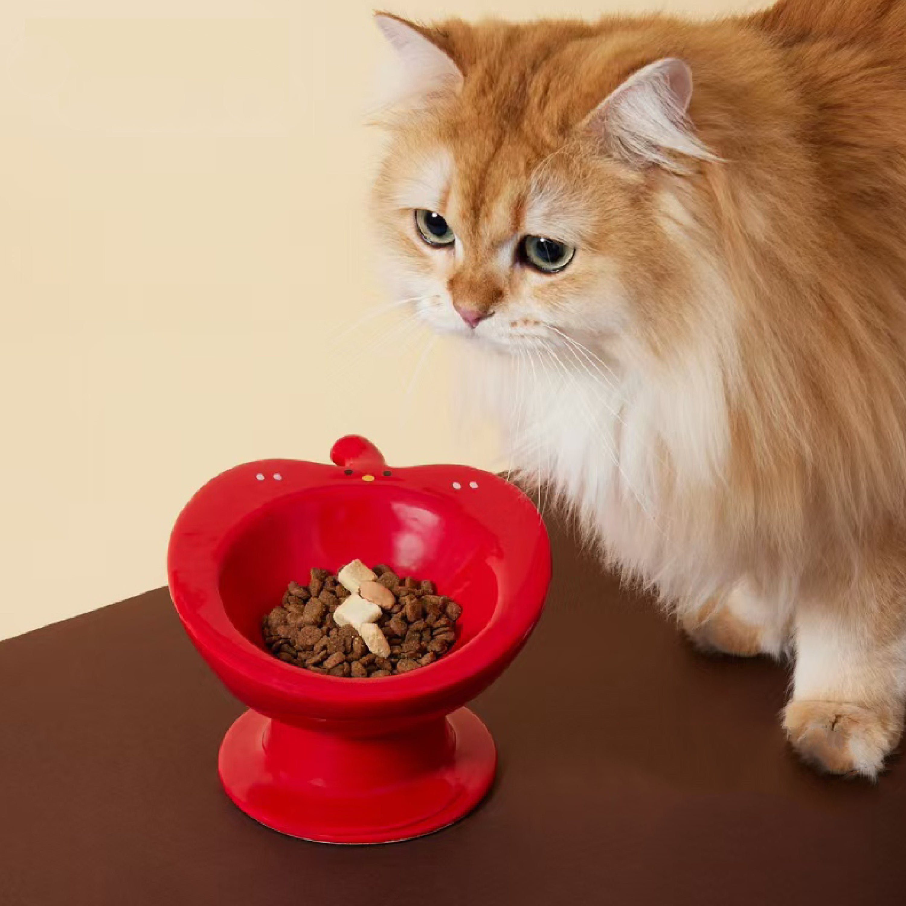 Apple Ceramic Cat Bowl – Elevated Anti-Spill Neck-Protection Feeder
