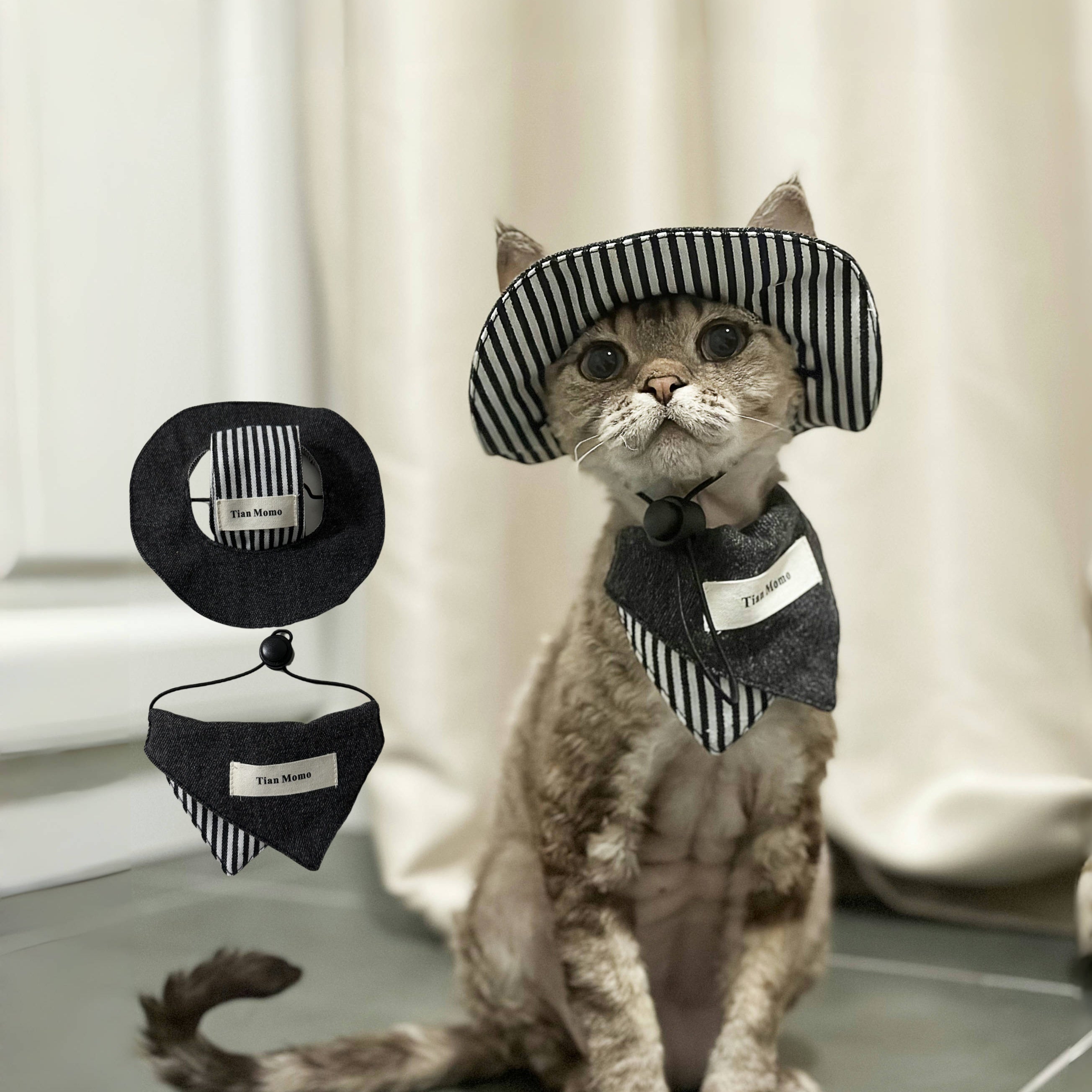Cat Sun Hat & Bandana Set – Striped Fashion Outfit
