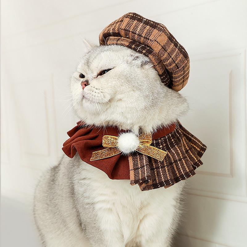 Vintage Plaid Cat Outfit – Brown Dress & Hat Set