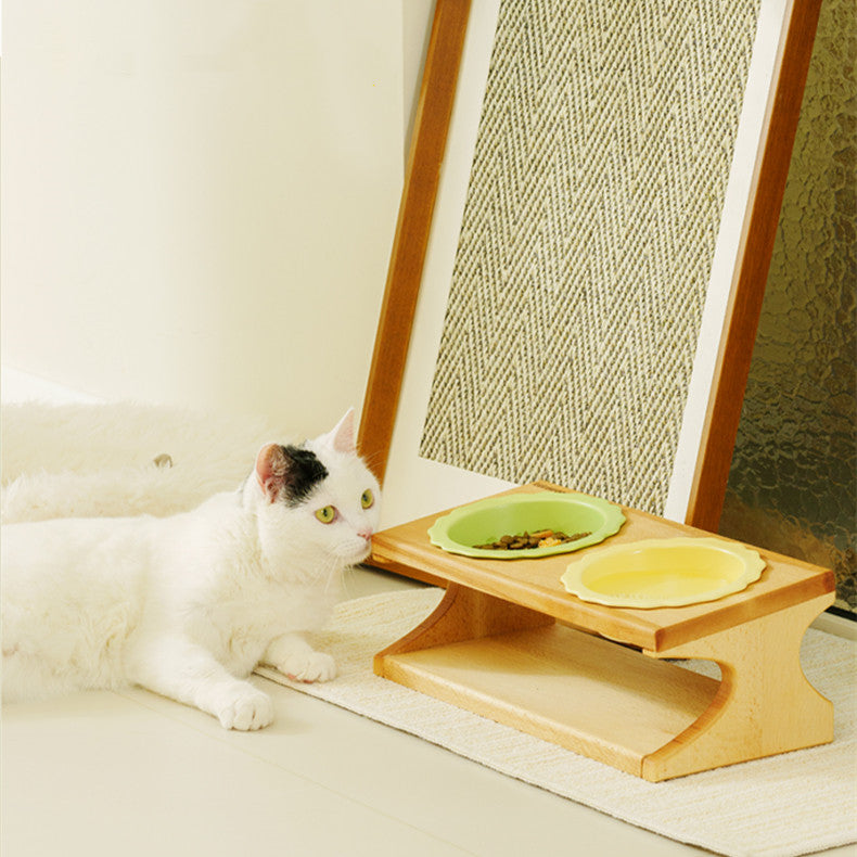 Solid Beechwood Dual Cat Bowl Stand by Bigeeo