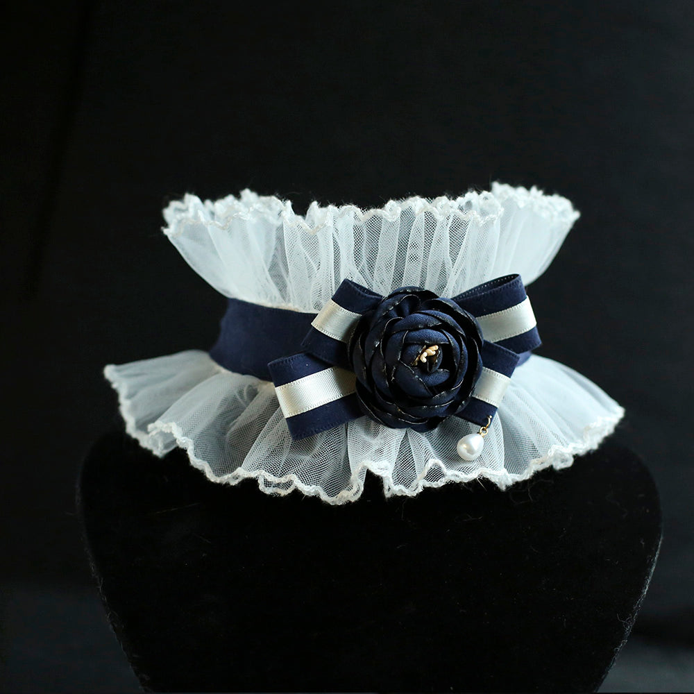 Navy Rose Lace Cat Collar – Victorian Ruffle Style