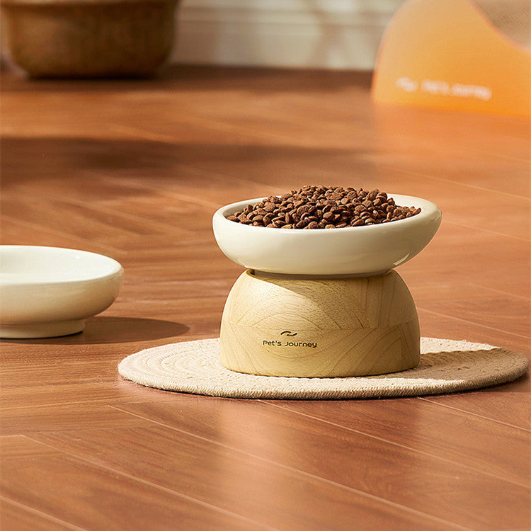 Ceramic Cat Bowl with Solid Wood Stand