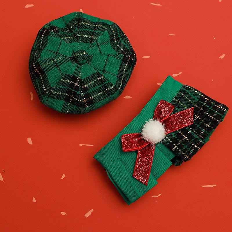 Christmas Cat Outfit – Green Plaid Dress & Hat Set
