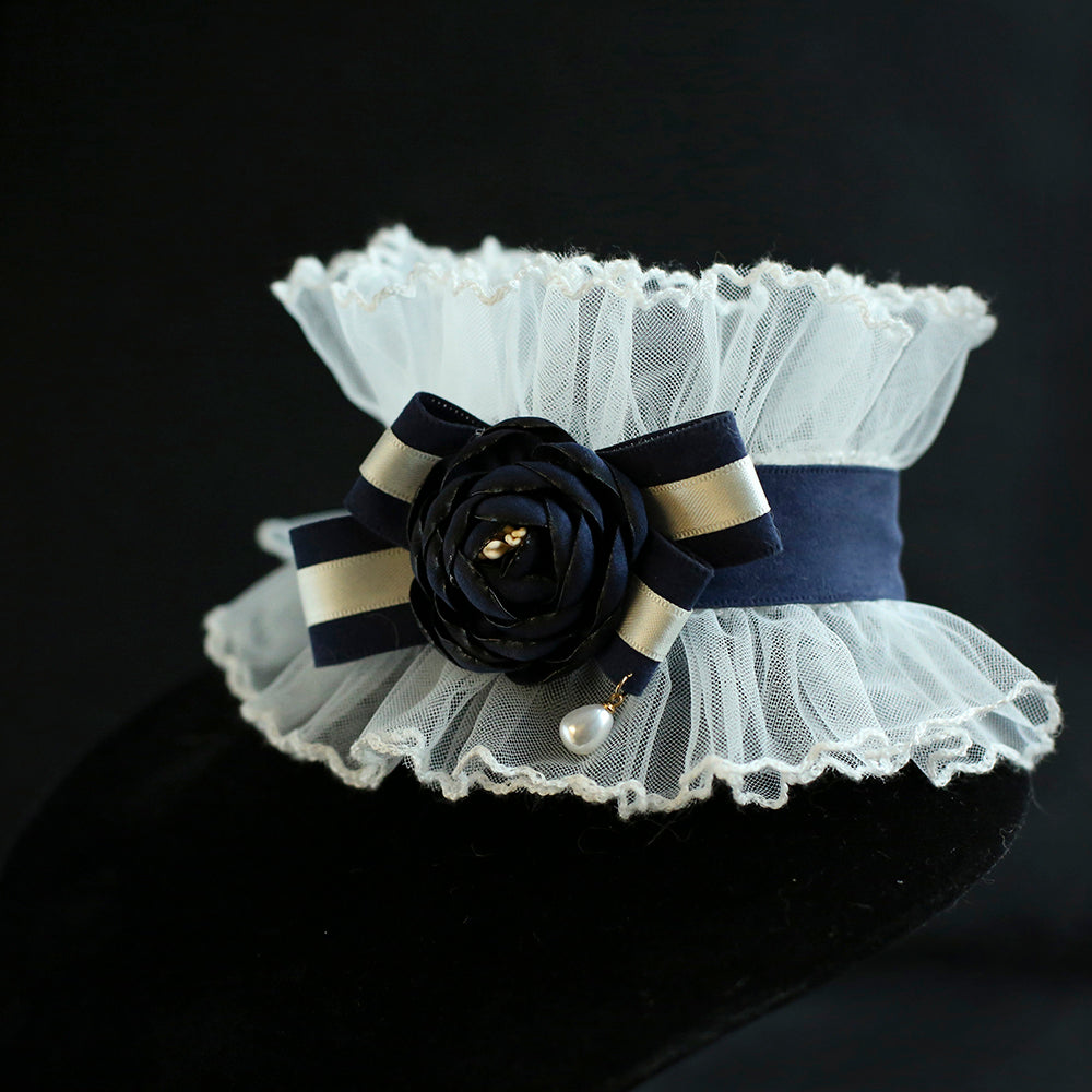 Navy Rose Lace Cat Collar – Victorian Ruffle Style