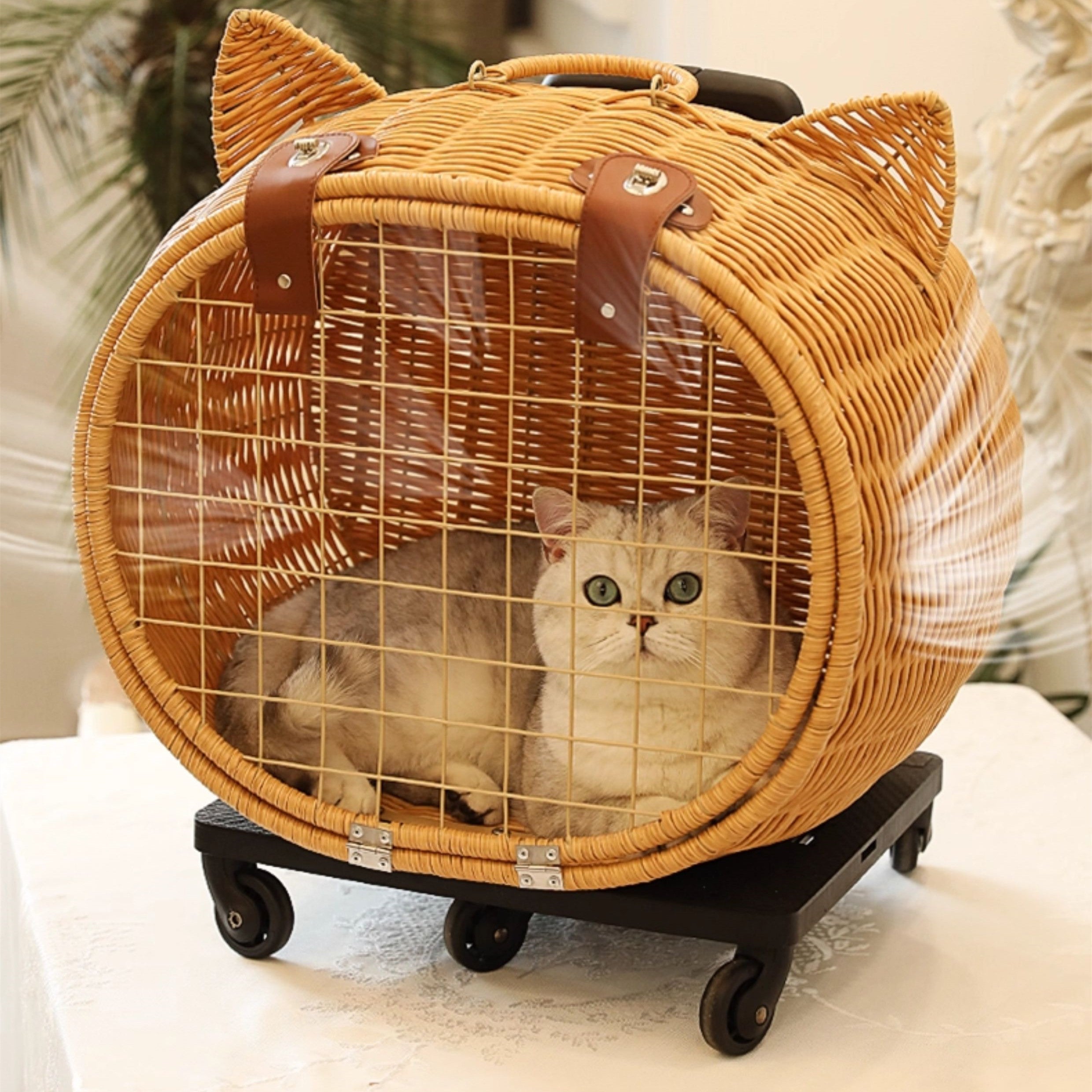 Handmade Wicker Rolling Pet Carrier