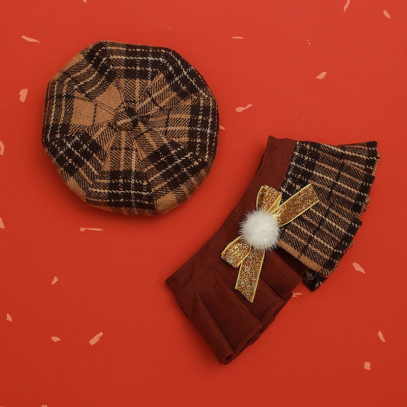 Vintage Plaid Cat Outfit – Brown Dress & Hat Set