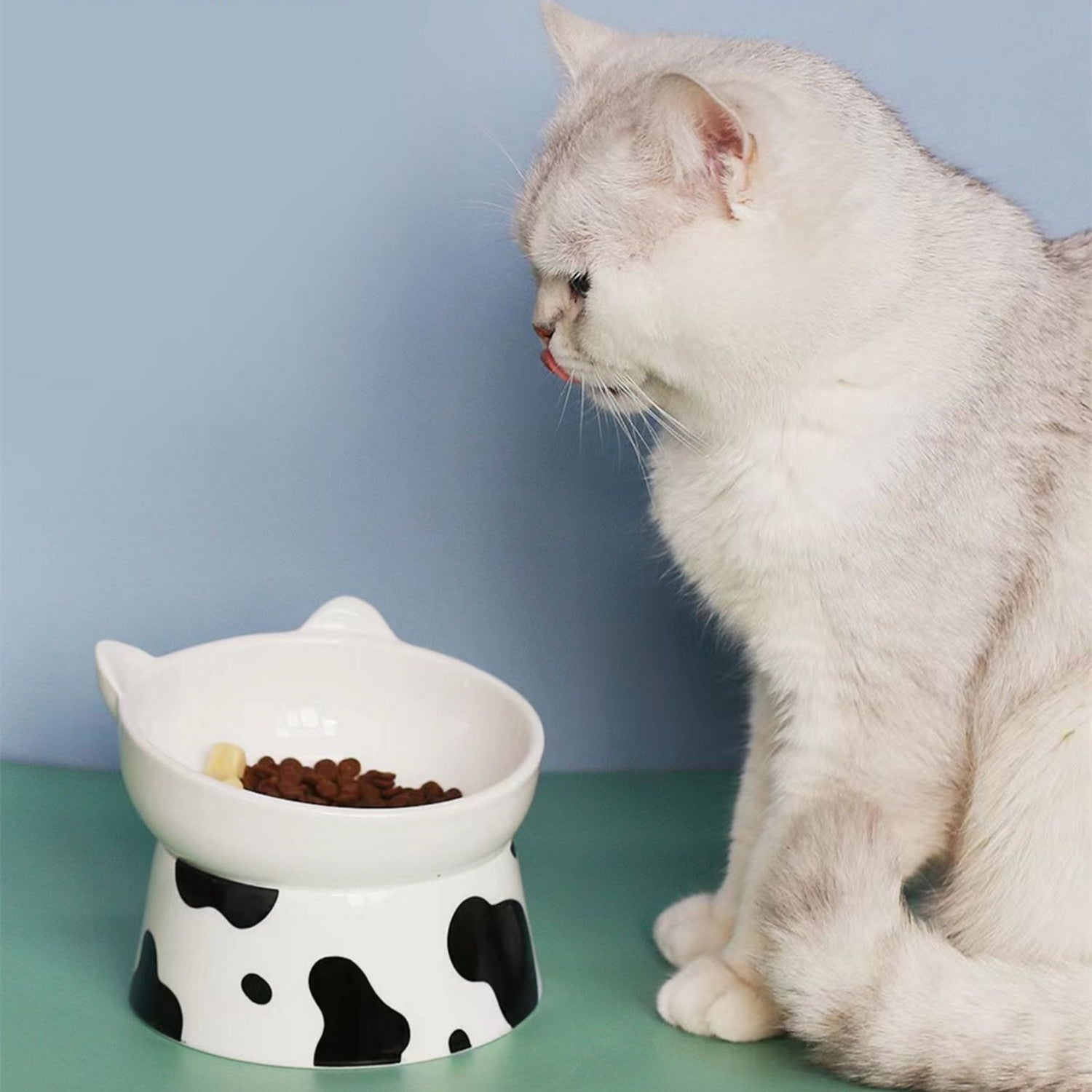 Cow Pattern Elevated Tilted Ceramic Cat Bowl