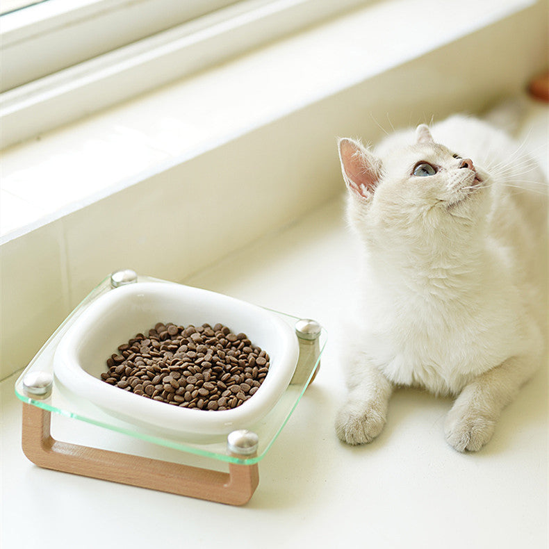 Tilted Ceramic Cat Bowl with Wooden & Glass Stand by Bigeeo