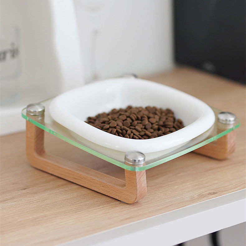 Tilted Ceramic Cat Bowl with Wooden & Glass Stand
