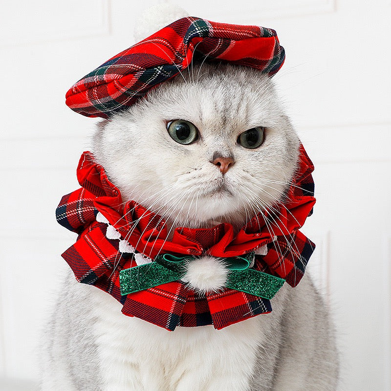 Christmas Red Plaid Cat Outfit – Dress & Hat Set