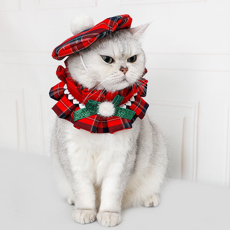 Christmas Red Plaid Cat Outfit – Dress & Hat Set