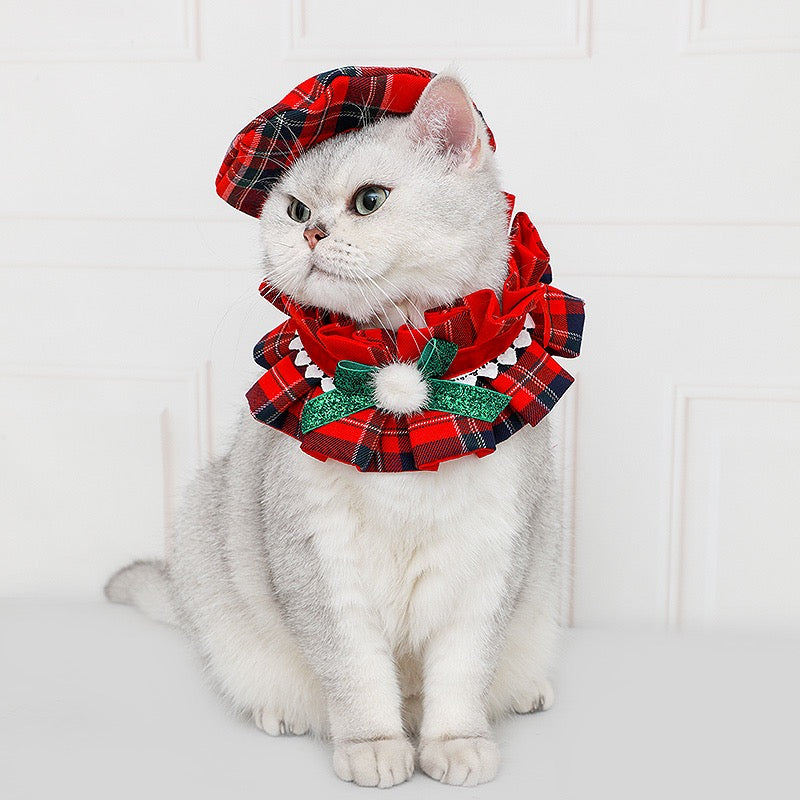 Christmas Red Plaid Cat Outfit – Dress & Hat Set