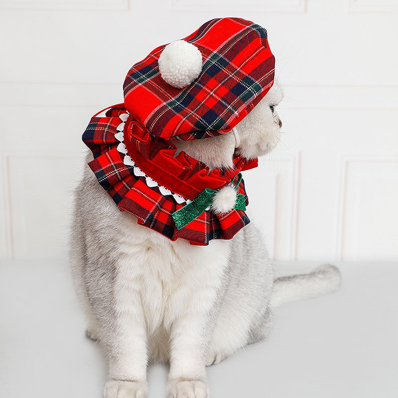 Christmas Red Plaid Cat Outfit – Dress & Hat Set