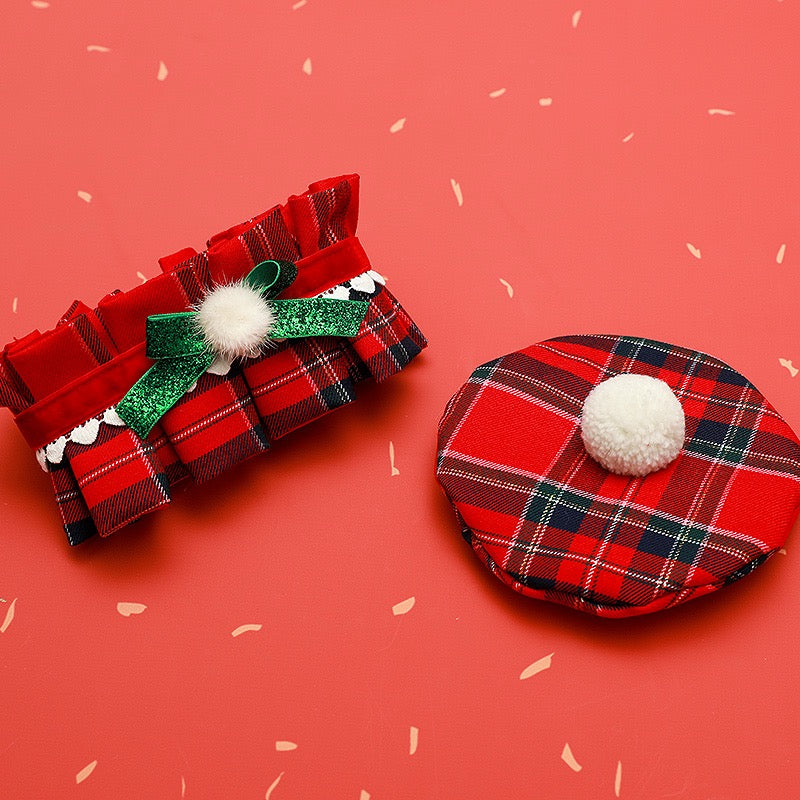 Christmas Red Plaid Cat Outfit – Dress & Hat Set
