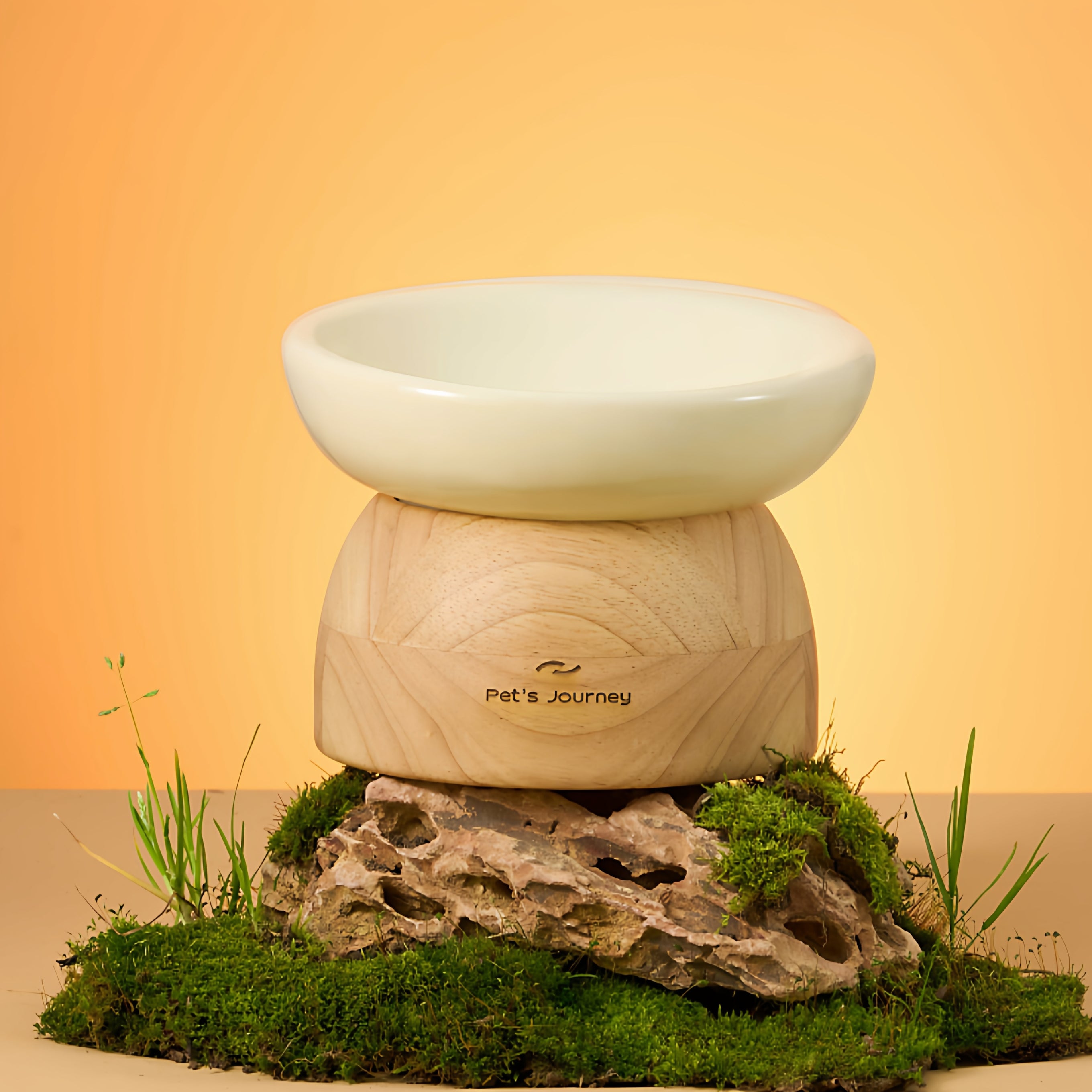 Ceramic Cat Bowl with Solid Wood Stand