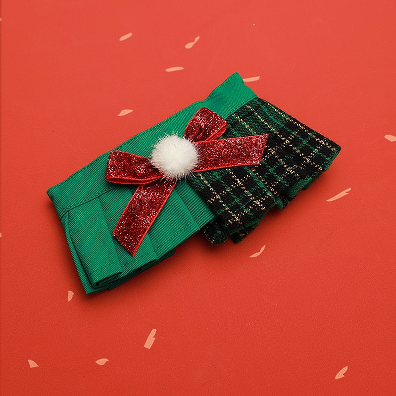 Christmas Cat Outfit – Green Plaid Dress & Hat Set